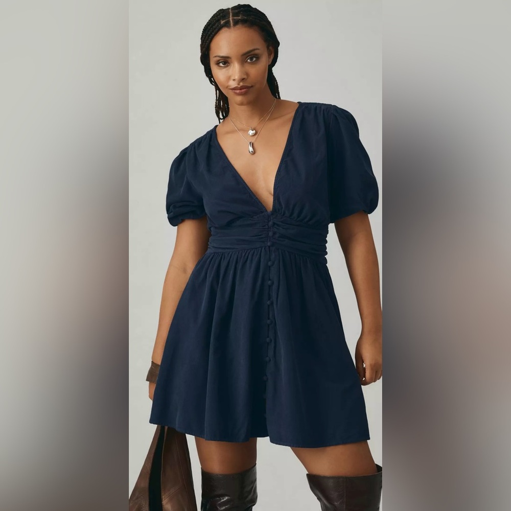 Anthropologie Katerina Button-Front Mini Dress: Corduroy Edition Blue Size 1X